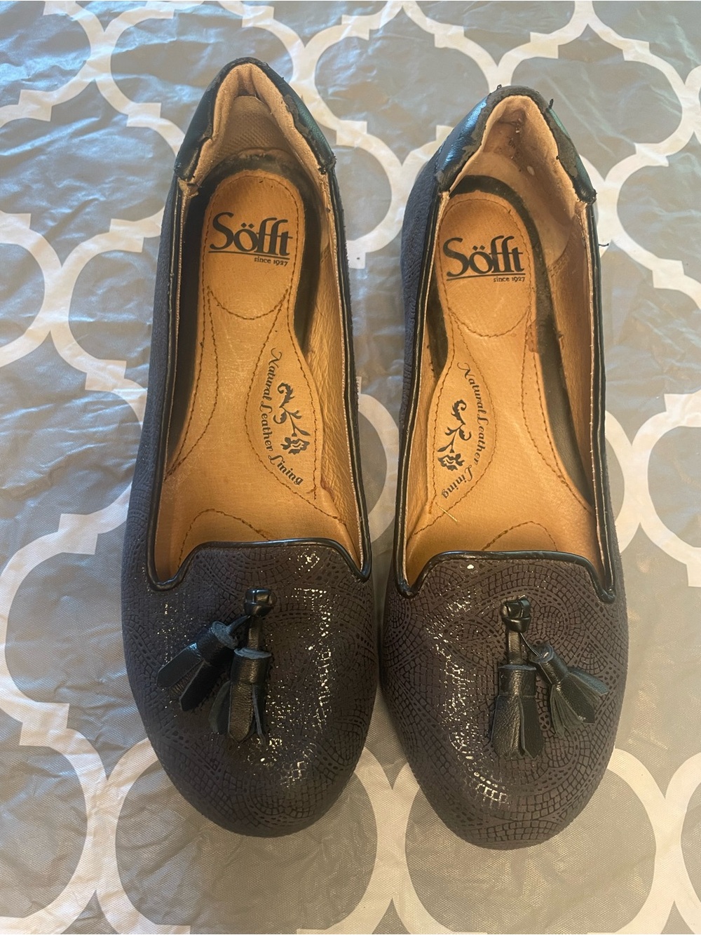 Sofft Women's Black Tassel leather Loafer wedge flats shimmery 6W comfort chic